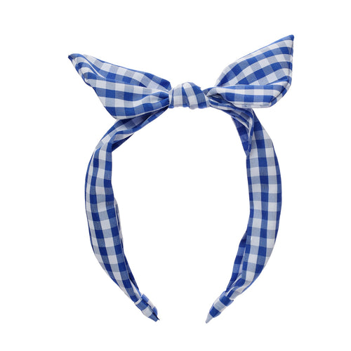 School Gingham Tie Headband Blue